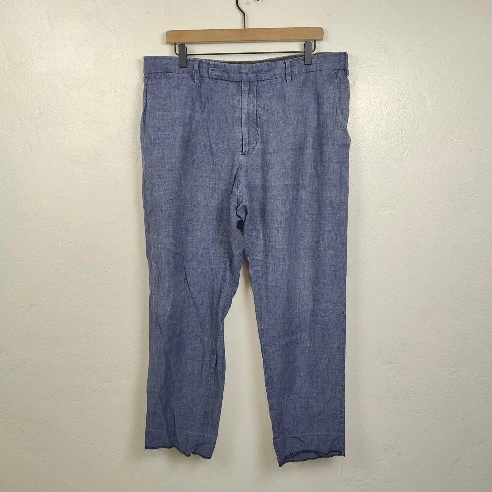 Ermenegildo Zegna Pants Mens‎ 58 Blue 100% Linen Straight Raw Hem Luxury